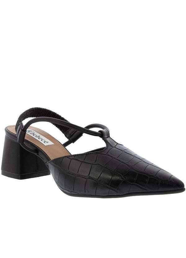 Bebecê - Scarpin Bebecê Salto Grosso com Elástico Textura Croco Preto Preto