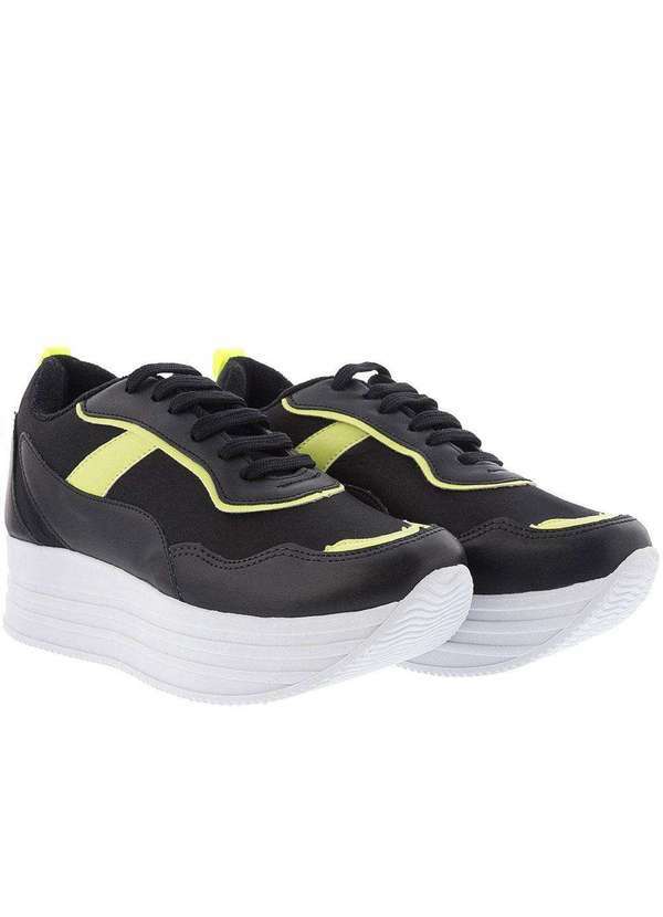 Gabriela - Tênis Gabriela Plataforma Recortes Tecido Neon Preto Branco