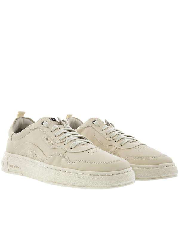 Democrata - Tênis Democrata Denim Jack Perfuros Couro Off White Bege