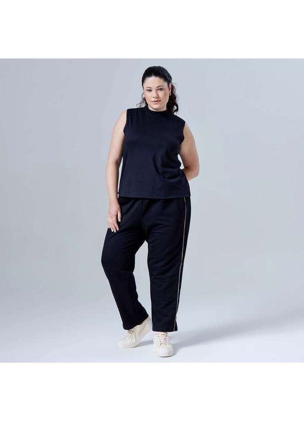 Basicamente - Calça Reta Moletom Tech Impermeável Contraste Plus Feminina Preto