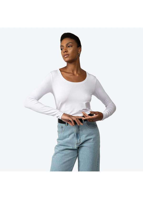 Basicamente - Camiseta Modal Gola U Manga Longa Feminina Branco