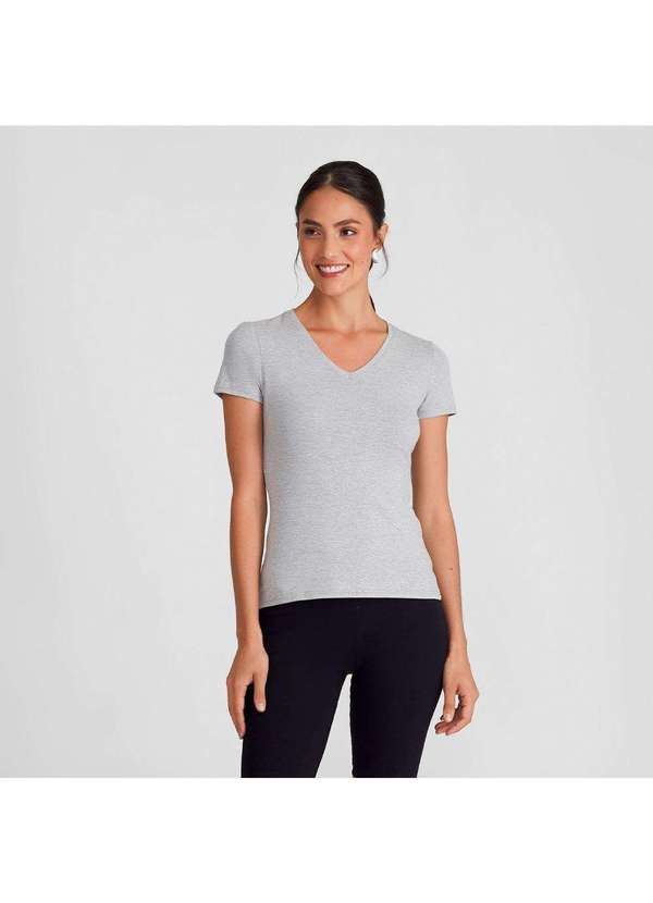 Basicamente - Camiseta Slim Cotton Gola V Feminina Mescla Claro