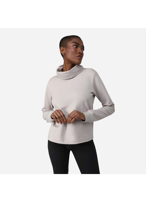 Basicamente - Blusão Tech Impermeável Moletom Flanelado Gola Rolê Feminino Bege Aveia 1