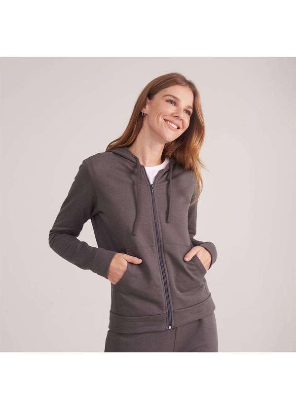Basicamente - Jaqueta de Moletom com Zíper e Capuz Feminina Cinza Ardósia