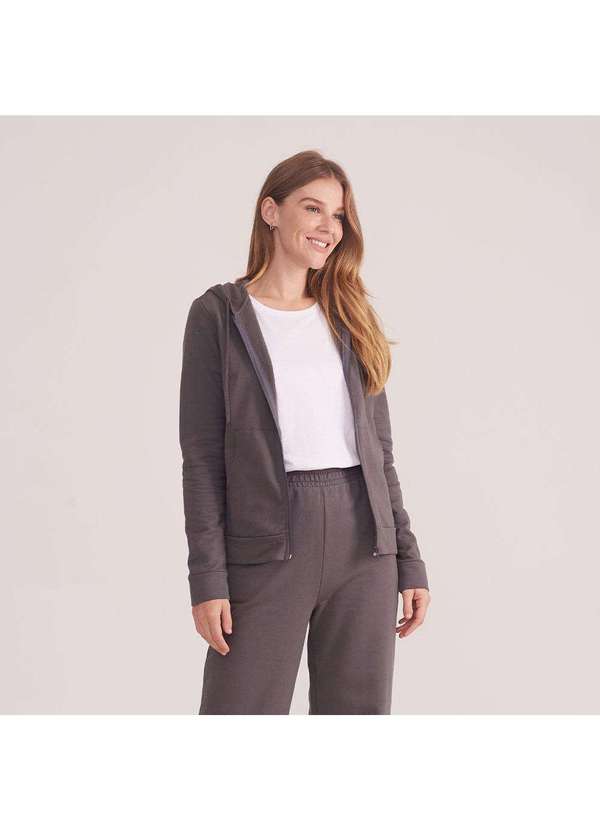 Basicamente - Jaqueta de Moletom com Zíper e Capuz Feminina Cinza Ardósia 2