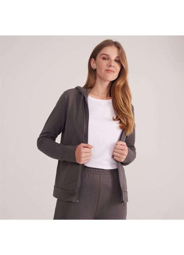 Basicamente - Jaqueta de Moletom com Zíper e Capuz Feminina Cinza Ardósia 3