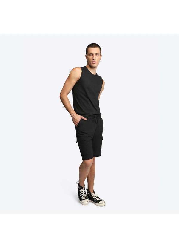 Basicamente - Bermuda Cargo Moletom Leve Masculina Preto