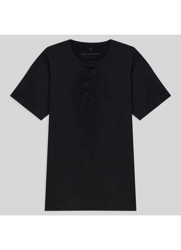 Basicamente - Camiseta Henley Algodão Premium Masculina Preto
