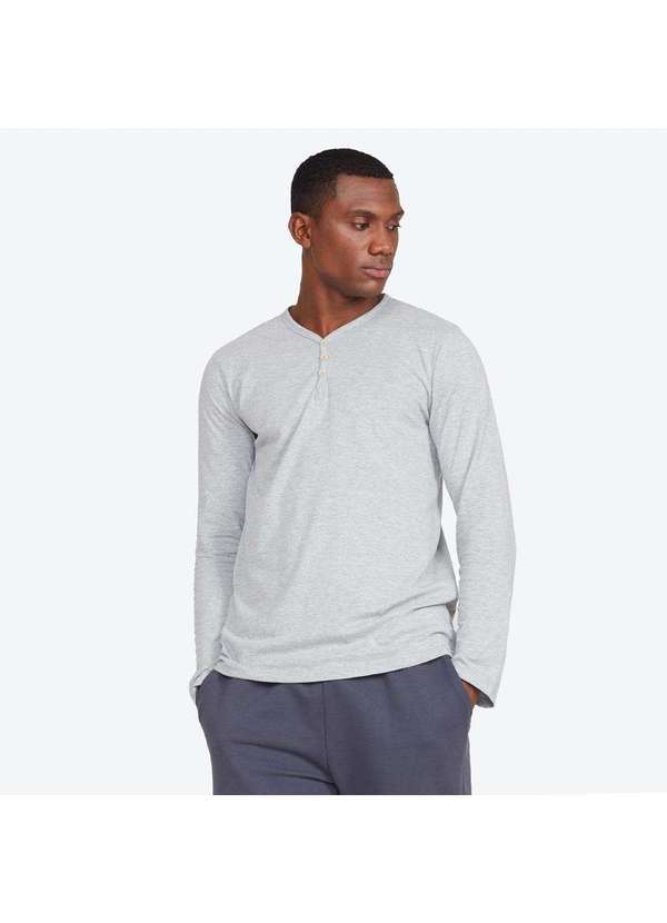 Basicamente - Camiseta Henley Manga Longa Masculina Mescla Claro