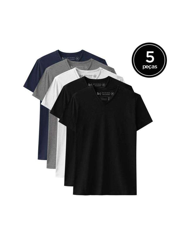Basicamente - Kit de 5 Camisetas Básicas Gola V de Várias Cores Preto