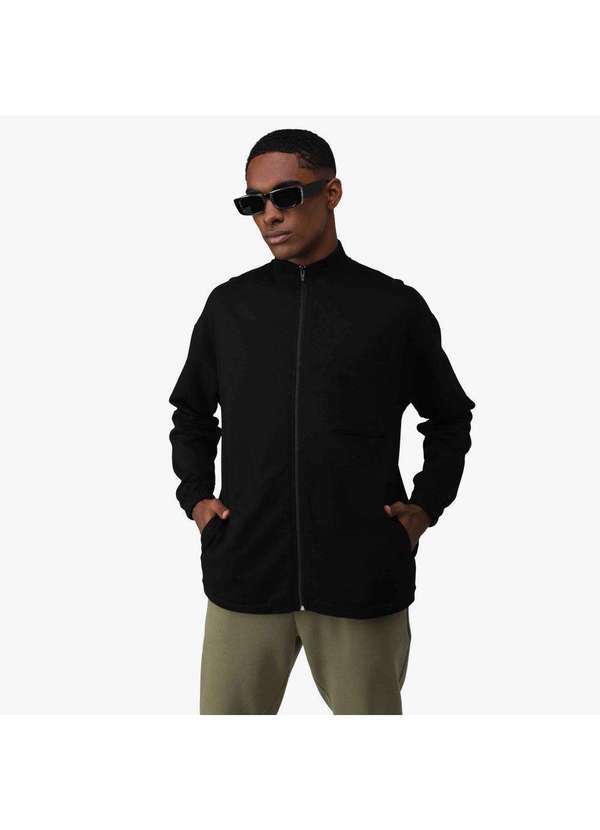 Basicamente - Jaqueta Tech Impermeável Moletom Flanelado Gola Alta Masculina Preto
