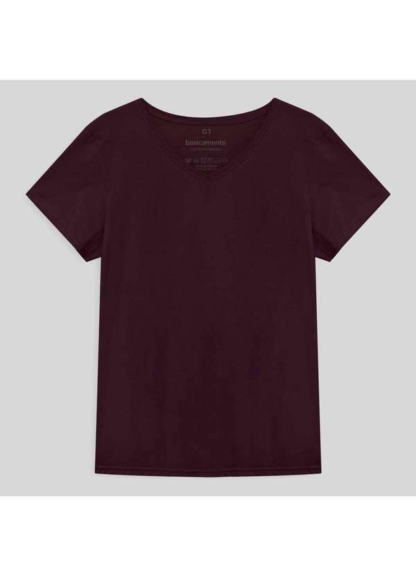 Basicamente - Camiseta Básica Gola V Plus Size Feminina Vermelho Vinho
