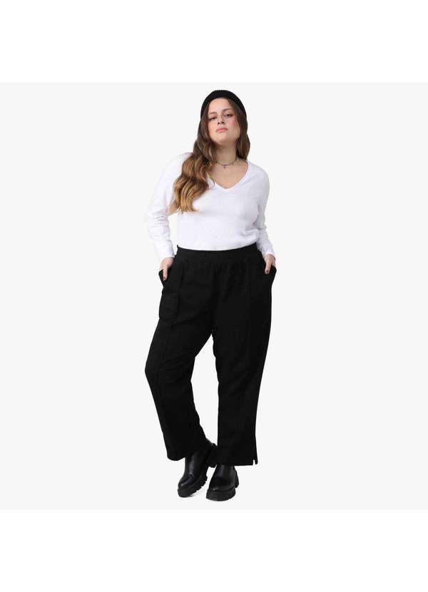 Basicamente - Calça de Moletom Plus Feminina Friso Impermeável Tech Preto
