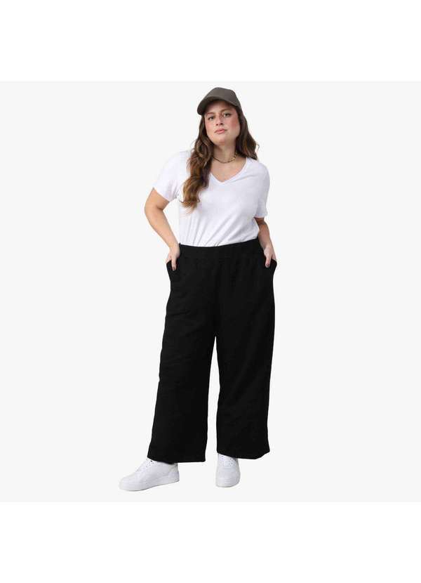 Basicamente - Calça Wide Tech Impermeável Moletom Flanelado Plus Feminina Preto