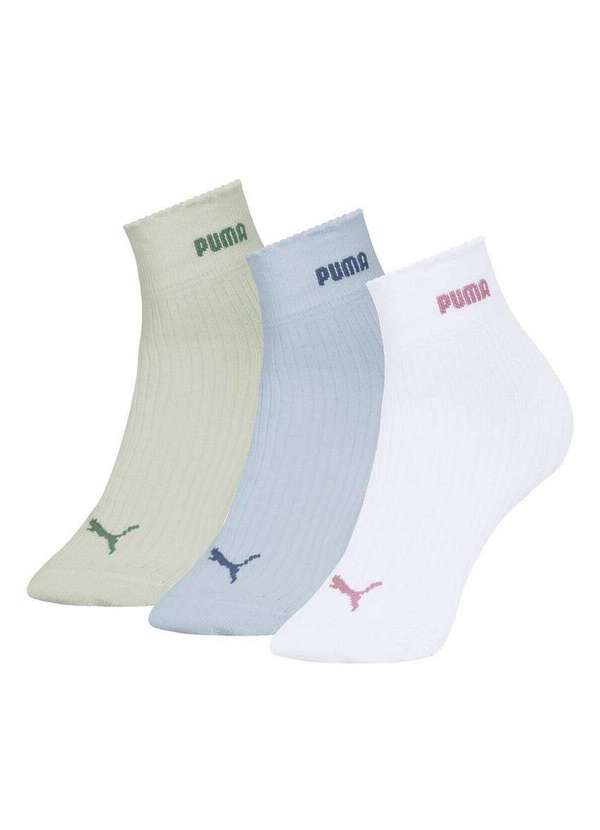 Puma - Kit 3 pares de Meias Esportiva Cano Médio Puma 4730-003/001 998-Verde-Água-Azul-Claro-Branco 5