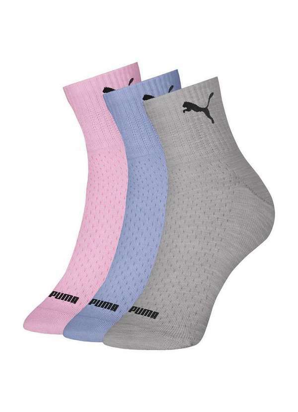 Puma - Kit 3 pares de Meias Esportiva Cano Médio Puma 4730-003/001 993-Rosa-Azul-Claro-Cinza-Mescla