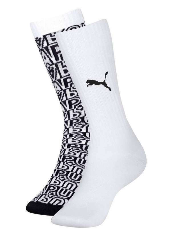 Puma - Kit 2 pares de Meias Cano Longo Puma 4670-001 999-Branco-Preto