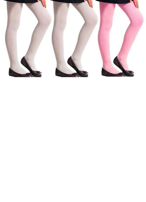 Selene - Kit com 3 Meias Calças Infantil Fio 70 Canelada Selene 9500-001 Branco-Rosa