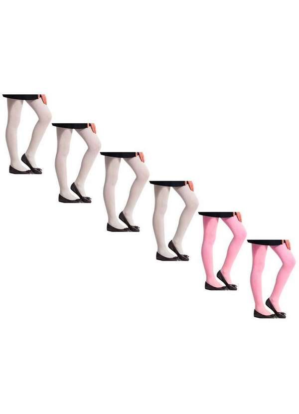 Selene - Kit com 6 Meias Calças Infantil Fio 70 Canelada Selene 9500-001 Branco-Rosa