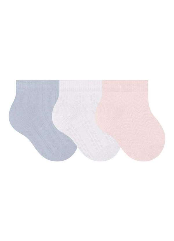 Selene - Kit 3 pares de Meias Bebê Cano Curto Selene 1150-001 997-Azul-Branco-Rosa-Chá