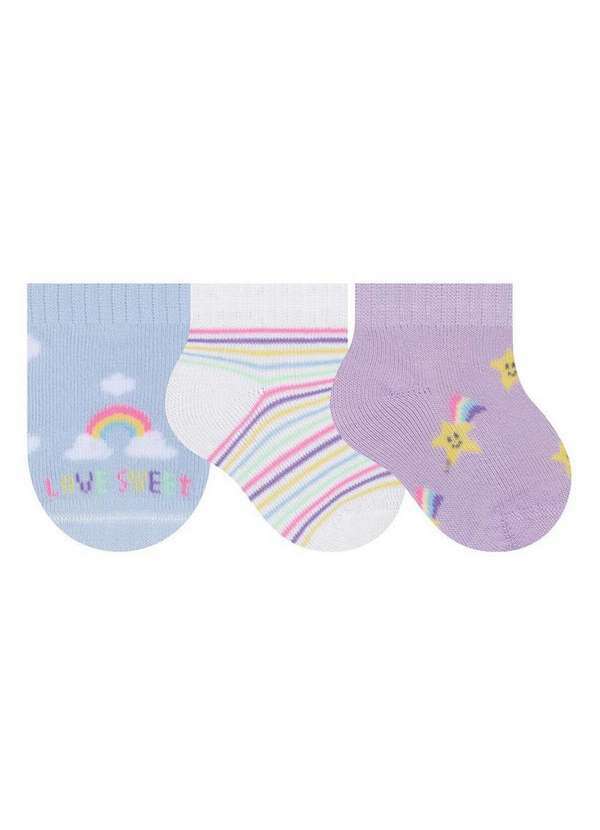 Selene - Kit 3 pares de Meias Bebê Cano Curto Selene 1150-001 999-Azul-Claro-Branco-Lilás-Claro