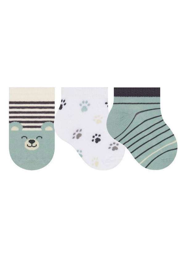Selene - Kit 3 pares de Meias Bebê Cano Curto Selene 1360-002 999-Marfim-Branco-Verde