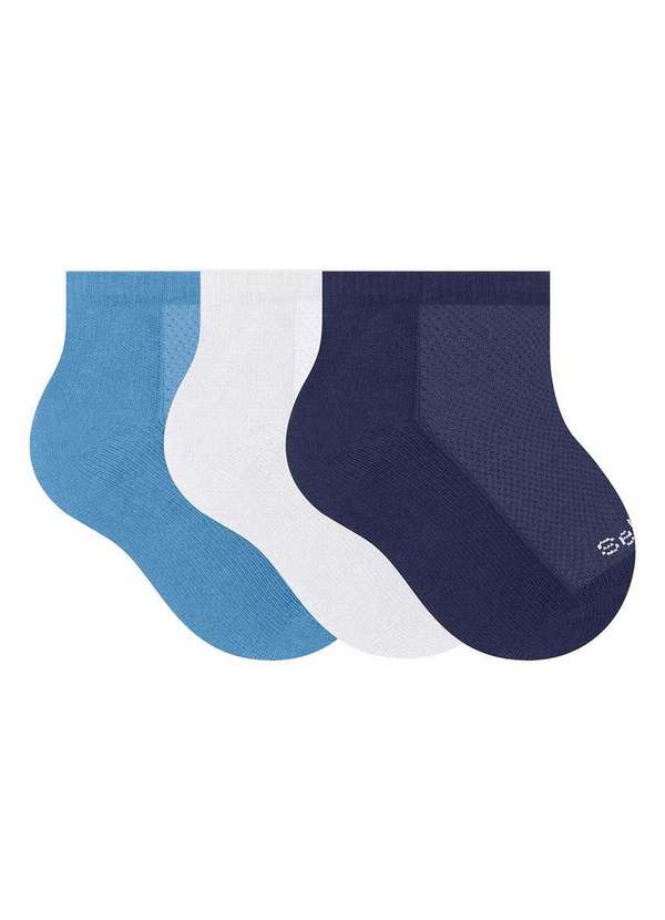Selene - Kit 3 pares de Meias Bebê Cano Curto Selene 1940-001 995-Azul-Branco-Marinho