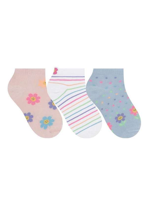 Selene - Kit 3 pares de Meias Infantil Cano Curto Selene 2315-001 998-Rosa-Chá-Branco-Azul-Claro