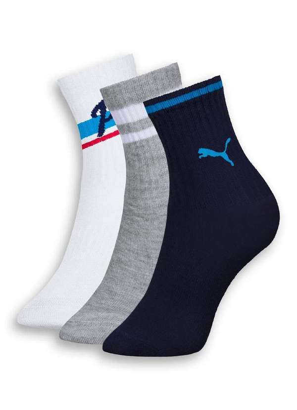 Puma - Kit 3 pares de Meias Infantil Cano Longo Puma 2720-001 979-Branco-Cinza-Mescla-Marinho