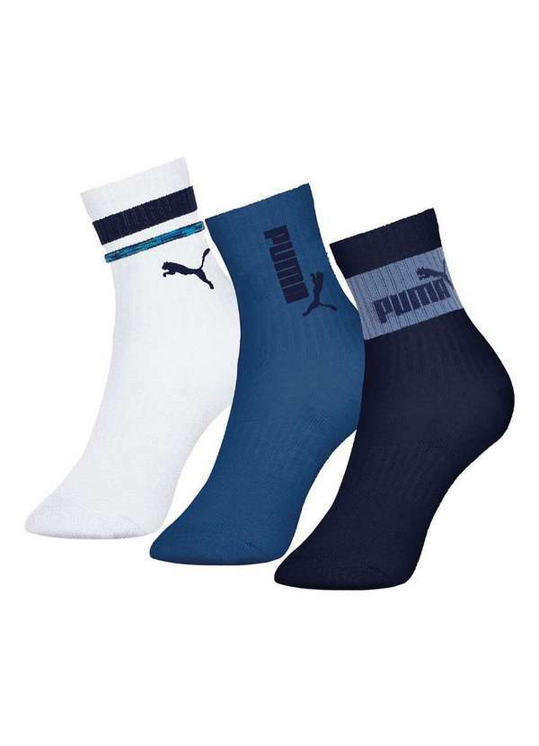 Puma - Kit 3 pares de Meias Infantil Cano Longo Puma 2720-001 978-Branco-Azul-Escuro-Marinho