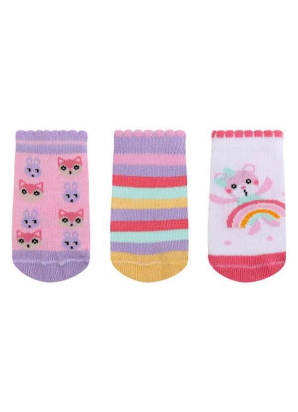 Trifil - Kit 3 pares de Meias Bebê Cano Curto Trifil 1011 0903-Dália-Rosa-Branco