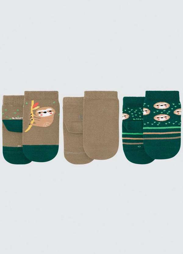 Lupo - Kit 3 pares de Meias Bebê Cano Médio Lupo 2000-889 0913-Caqui-Verde