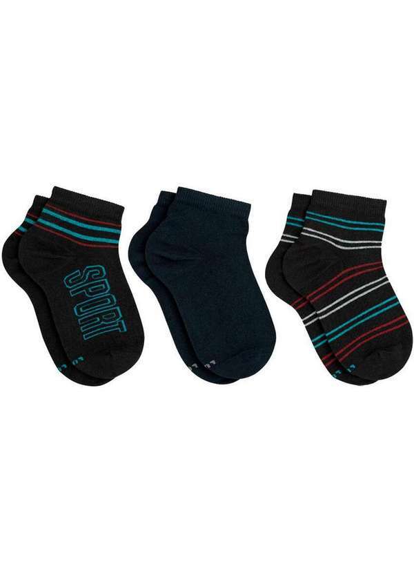 Lupo - Kit 3 pares de Meias Infantil Cano Curto Lupo 2630-989 0905-Preto-Marinho
