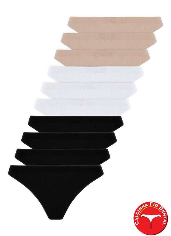 Lupo - Kit com 10 Calcinhas Fio Dental Loba 40600-001 Preto-Branco-Natural