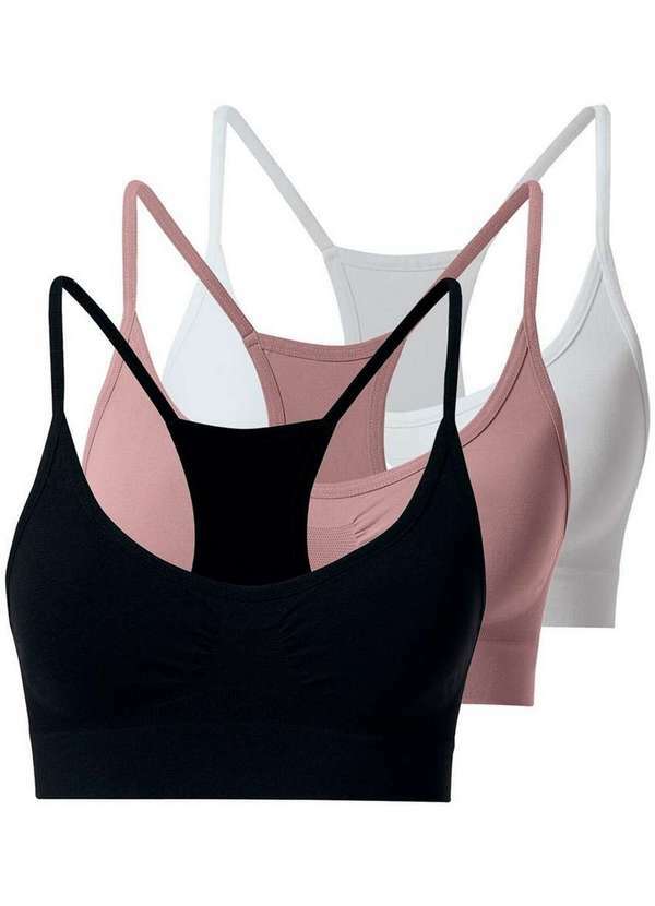 She - Kit com 3 Tops Nadador sem Aro e sem Bojo She 753.02 Preto-Rosa-Queimado-Branco