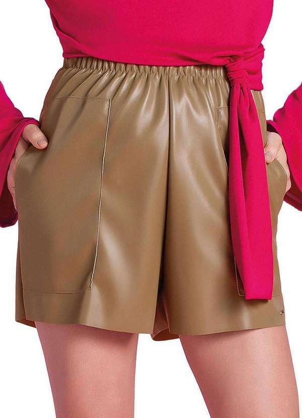 Marialícia - Shorts Feminino Courino Marialicia 183429 8014-Marrom-Claro