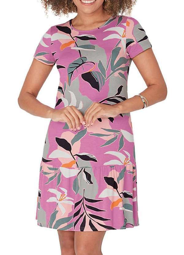 Malwee - Vestido Curto Malwee 1000120878 Dk07b-Rosa-Folhagem