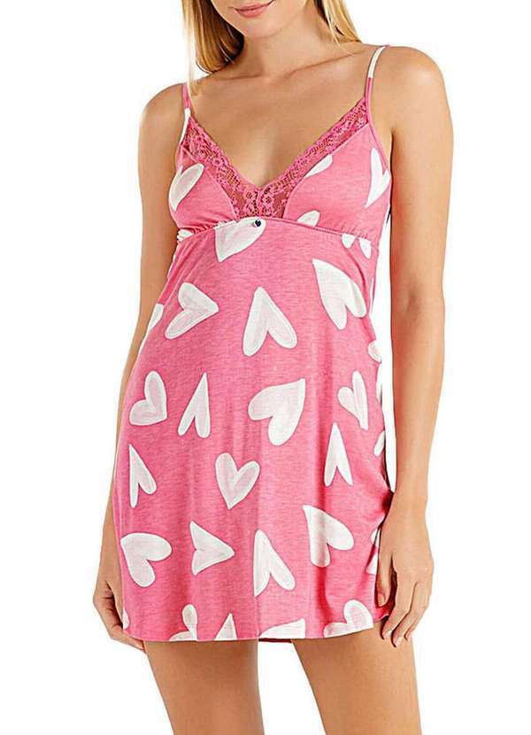 Cor com Amor - Camisola Feminina Curta Cor com Amor 2010285 Rosa-Corações