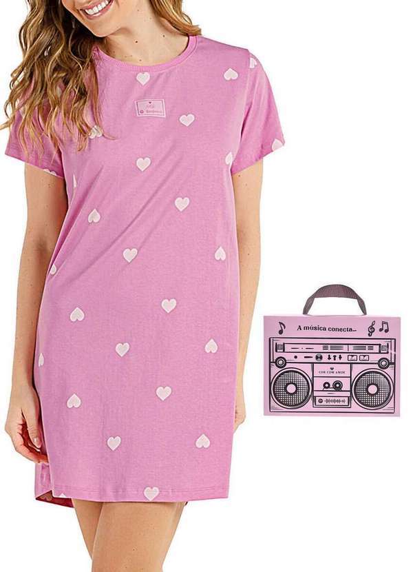 Cor com Amor - Camisola Feminina Curta Cor com Amor 2010350 Rosa-Corações