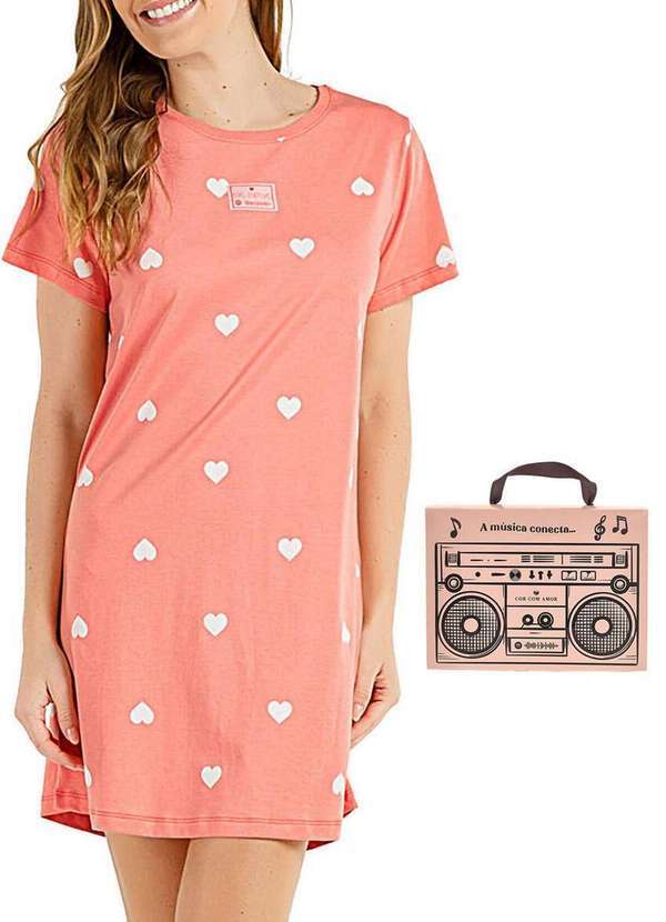 Cor com Amor - Camisola Feminina Curta Cor com Amor 2010352 Coral-Corações