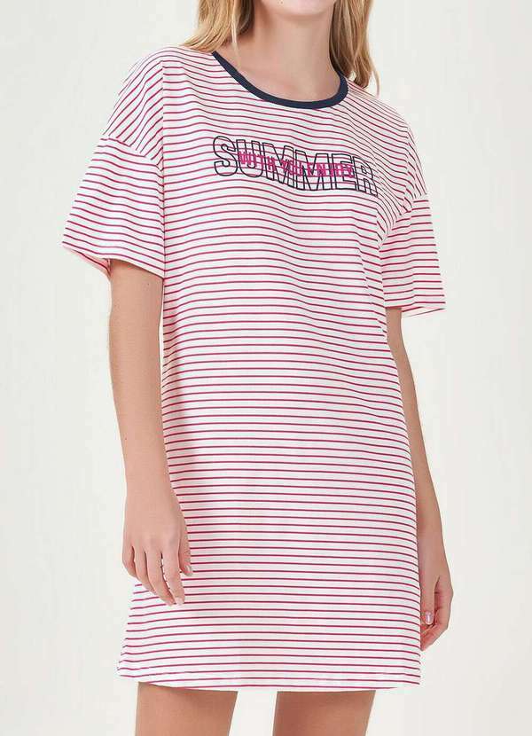 Espaço Pijama - Camisola Feminina Curta Espaço Pijama 4010056 Listras-Vermelho