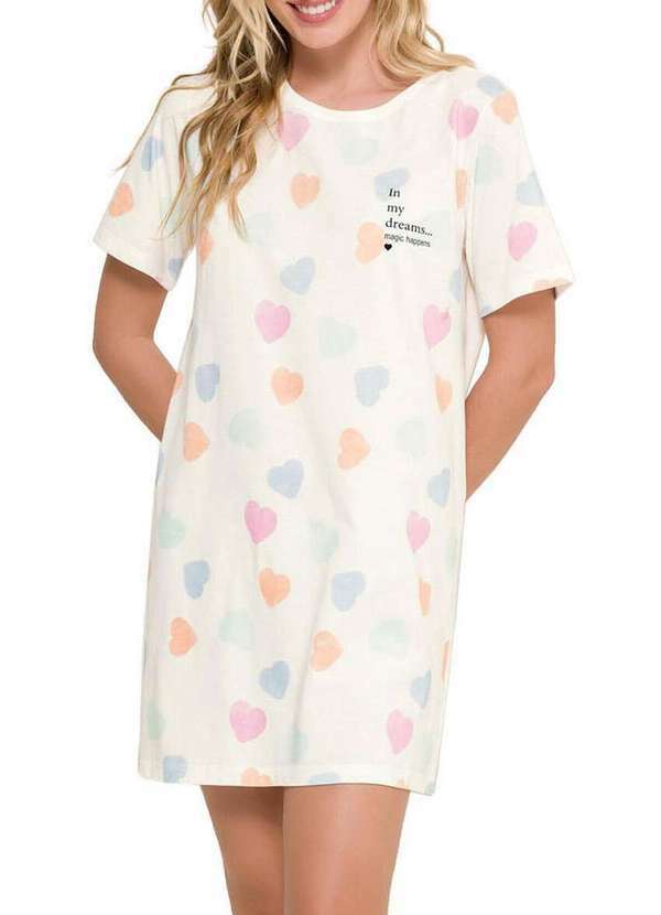 Espaço Pijama - Camisola Feminina Curta Espaço Pijama 4010234 Off-White-Corações