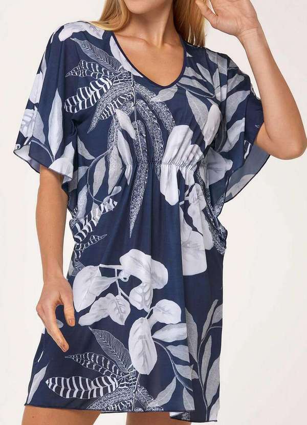 Recco - Kaftan Feminino Curto Recco 20608 Azul-Sideral-C--Est.-Folhas-Brancas