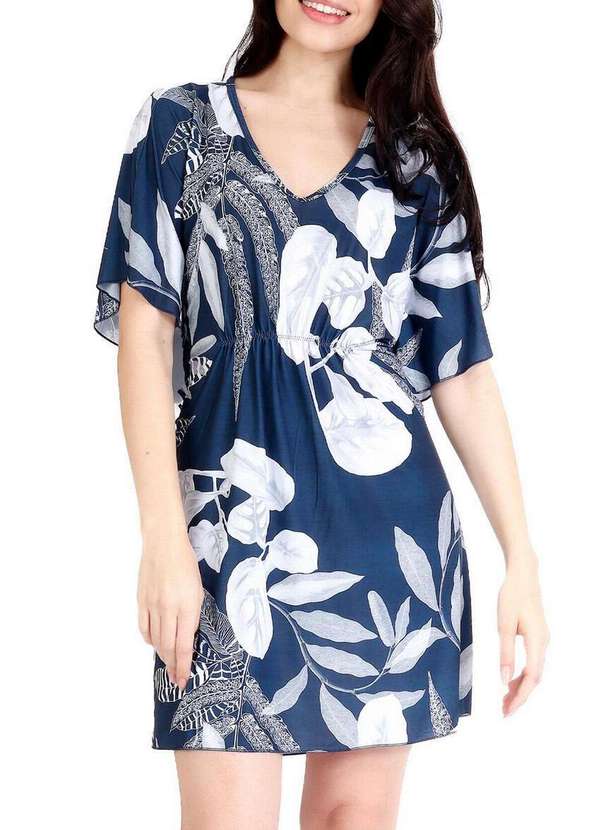 Recco - Kaftan Feminino Curto Recco 20608 17125-Est.Folhas-Brancas