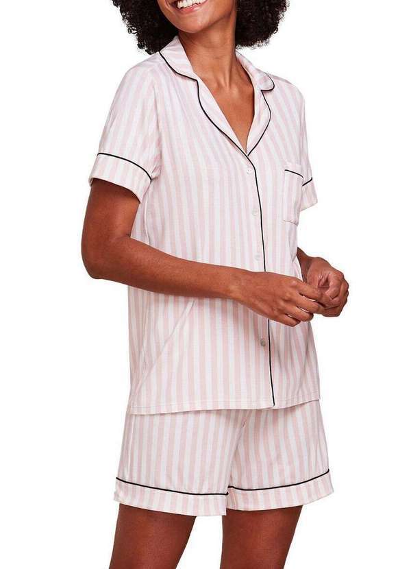 Hope - Pijama Feminino Curto com Abertura Hope 0mcs1110 Eld-Listras-Rosa-Dust-Off-White