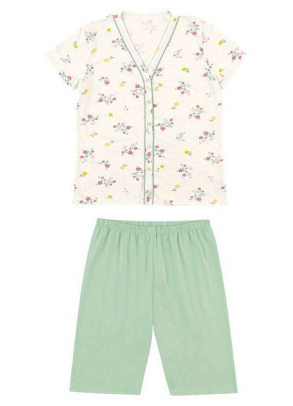 Malwee - Pijama Feminino Curto com Abertura Malwee 1000133192 Dw73a-Off-White-Verde