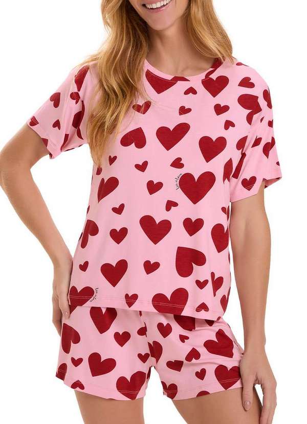 Cor com Amor - Pijama Feminino Curto com Com Amor 2010834 Rosa-Coração