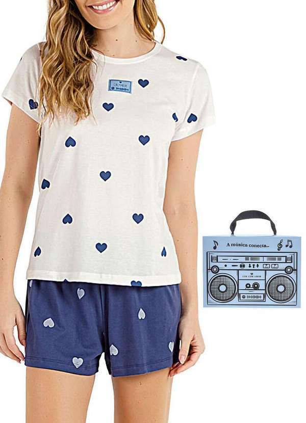 Cor com Amor - Pijama Feminino Curto Cor com Amor 2010353 Off-White-Corações-Azul