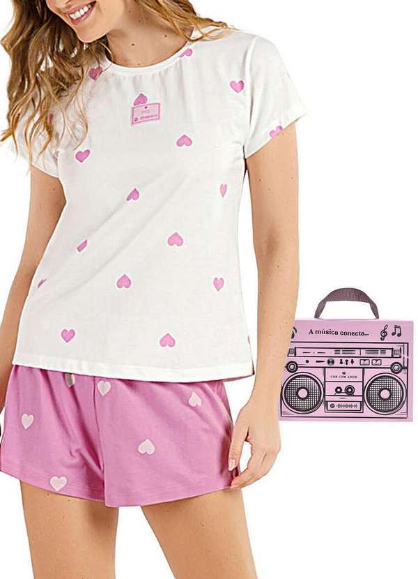 Cor com Amor - Pijama Feminino Curto Cor com Amor 2010354 Off-White-Corações-Rosa
