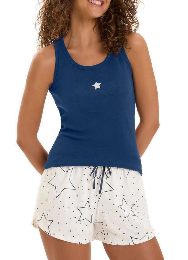 Cor com Amor - Pijama Feminino Curto Cor com Amor 2010978 Azul-Off-White